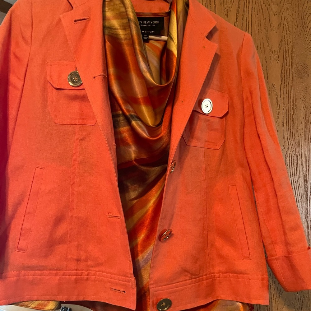 Jones New York Women's Orange Blazer with Gold Accents silk blouse also